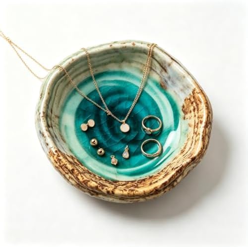 Ceramic Jewelry Dish, 5 Inch Wabi Sabi Speckled Trinket Tray, 4 Footed Shallow Ring Dish, Rustic Green Speckled Decorative Bowl for Rings Earrings Necklaces, Vanity Organizer, Gift for Women by Unknown