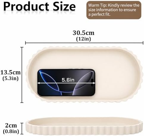 Silicone Bathroom Tray - 12''x5.3'' Oval Vanity Tray for Bathroom Countertop, Kitchen Countertop Tray with Scalloped Edge, Elegant Bathroom Holders and Organizers for Toilet Top, Bathtub Caddy, Beige - Image 2