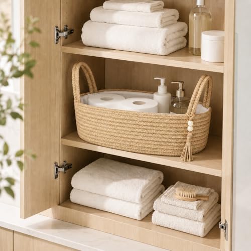 ABenkle Small Storage Basket, Jute Rope Woven Toilet Paper Tray Organizer for Toilet Tank Top, Boho Bathroom Decor Holder for Shelf Bedroom Living Room -13x6x4 Inches - Image 4