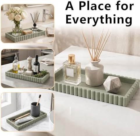 Bathroom Vanity Tray - 9.4''x3.9'' Silicone Bathroom Tray with Scalloped Edge, Counter Top Tray for Vanity Sink Countertop, Decorative Organizer for Cosmetics Jewelry, Rectangular, Matcha - Image 5