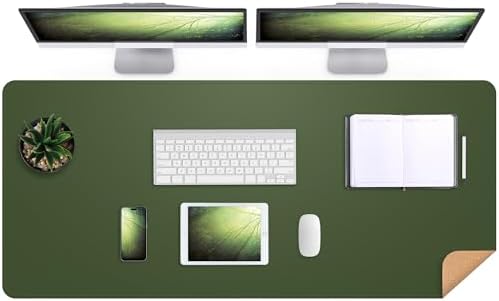 AFIING Leather Desk Pad Protector, Large Desk Mat with Natural Cork & PU Leather, Mouse Pad, Non-Slip, Waterproof Desk Writing Pad for Office and Home, Military Green by AFIING