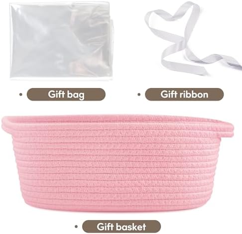 Pro Goleem Small Woven Basket with Gift Bags and Ribbons Durable Baskets for Gifts Empty Small Rope Basket for Storage 12"X 8" X 5" Baby Toy Basket with Handles, Pink - Image 3