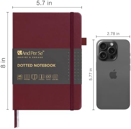 &And Per Se Dotted Journal Notebook, A5 Hardcover Leather Dotted Journal, 160 Pages 100gsm Thick Dot Grid Paper, 3 Sheets of Stickers Included - 5.7'' x 8'' (Dark Red) - Image 2