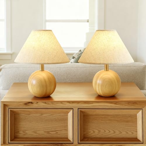 Table Lamp for Living Room,Wood Base Flaxen Fabric Shade Desk Lamp for Bedroom,Small Décor Ambient Bedside Lamps for Night Stands,LED Bulb (not Included) (2 Pack) by Unknown