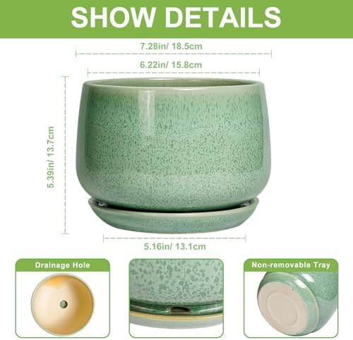 G EPGardening Ceramic Plant Pot - 7 Inch Ceramic Planter for Indoor Outdoor Plants, Flower Pot with Drainage Hole and Tray, Modern Round Planter, Plants Lovers Gifts, Home Garden Decor, Green - Image 3