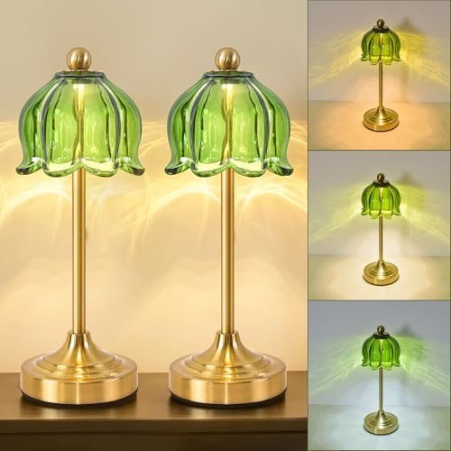 Set of 2 Cordless Green Glass Tulip Table Lamp by Unknown