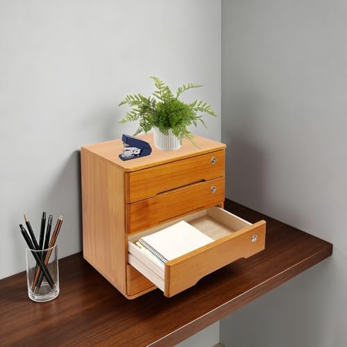 Wooden Desktop Storage Box with Lockable Drawers, Flat File Cabinet Drawer Desktop Storage Box, Countertop Storage Cabinet for Office Home Toiletries Supplies Vanity (Wood yellow, 4 Drawer) - Image 6