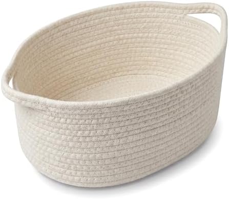 Small Cotton Rope Basket - White Woven Storage Basket with Handles, Desktop Organizer for Keys, Remotes, Makeup, Soft Decorative Bin for Bathroom, Office Shelf (White) by QYMXHZE