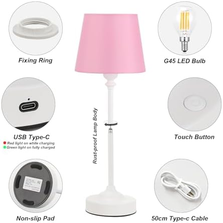 Cordless Table Lamps Rechargeable Set - 2 Pack White 4000mAH Battery Operated Lamps for Decor, 3000K Stepless Dimming Touch Control Wireless Lamps for Bedroom, Dining Table, Living Room, Pink Shade - Image 6