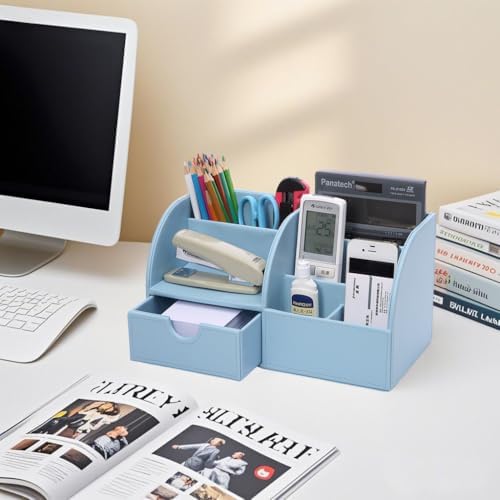 KINGFOM Pu Leather Desk Organizer Pen Pencil Holder Office Supplies Caddy Storage Box 6 Compartments with Drawer Blue - Image 2