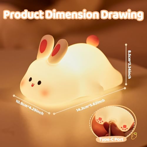 Rytinazzz Silicone Night Light for Kids, 50H Long Battery Big Face Rabbit Lamp, Gift for Kids, Soft Dimmable Bedside Light, Rechargeable Tap Control - Image 4