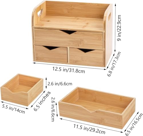 Hacaroa 3 Tier Bamboo Desktop Organizer with 3 Drawers, Tabletop Craft Box Cosmetic Storage Drawer with Handle, Portable Desk Letter Mail Sorter for Office Supply, Toiletries - Image 3