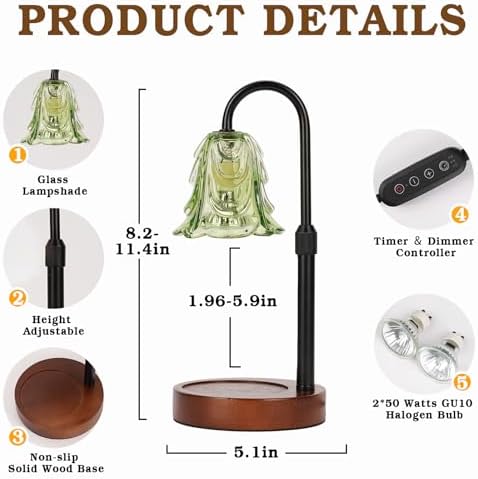 Small Candle Warmer Lamp with Timer, Adjustable Green Lamp Warmer for Jar Candles, Christmas Birthday Gifts for Women Mom Her, Dimmable Candle Heater, 2pcs Cute Wax Warming Light with Wood Base - Image 3