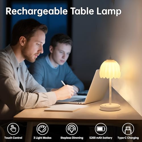 Shenmoyl Tulip Table Lamp with 5200mAh Battery & Touch Control, Cordless Small Table Lamp with 3 Colors, Dimmable Rechargeable Table Lamps for Living Room, Bedroom, Bedside (White Tulip & White Base) - Image 2