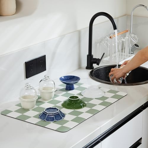 Ohocut Checkered Dish Drying Mat for Kitchen Counter, Coffee Bar Station Accessories, Retro Cute Aesthetic Modern Absorbent Drainer Mat Kitchen Drying Mat Easy Clean, Sage 12" x 19" - Image 2