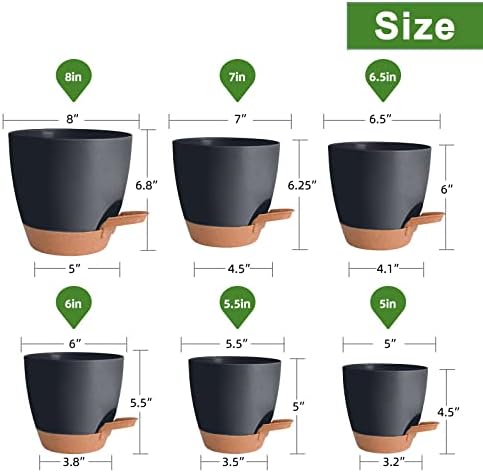Vanslogreen Planters for Indoor Plants, 8/7/6.5/6/5.5/5 Inch Self Watering Plant Planters with Drainage Hole, Plastic Planters Flower Pots for Indoor Outdoor Plants (Black) - Image 4
