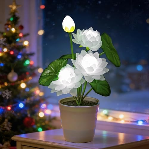 Artificial White Lotus Flower Lamp Flower Night Light for Home Yoga Studio Meditation Decor, Gifts for Women Mom Grandma Girlfriend on Birthday Christmas Valentines Mothers Day by Hibeauti