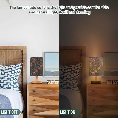 Black Crow Moody Flowers Vintage Bedside Table Lamps with USB Port for Bedroom Lamp Accent Table Lamp Small Nightstand Lamp Sturdy Linen Shade Wooden Base Decorative Lamps for Kids|Reading|Dorm|Home - Image 3