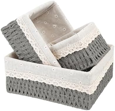 Wicker Storage Baskets 3-Pack Set, Hand-Woven Paper Rope Rattan Bins with Removable Liner, Multi-Size Organizer Baskets for Pantry, Countertop, Bedroom, Bathroom, Shelves (Grey, L+M+S) by EITMOW