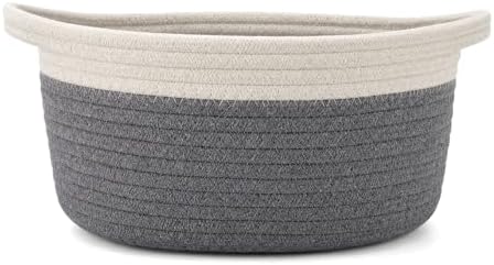 Small Cotton Rope Basket - White Woven Storage Basket with Handles, Desktop Organizer for Keys, Remotes, Makeup, Soft Decorative Bin for Bathroom, Office Shelf (White/Dark Gray) by QYMXHZE