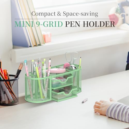 SUPEASY Mesh Desk Organizer, Pen Holder for Desk with 2 Drawers, MintGreen - Image 2