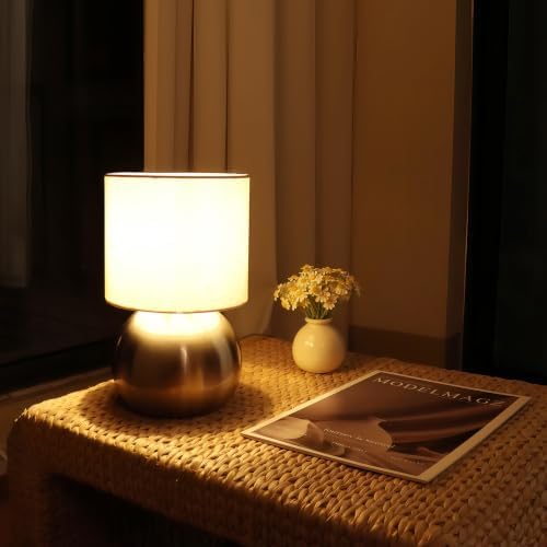 Modern Golden Small Table Lamp with Cotton Linen Shade, 6.2×6.2×10.4 inch LED Desk Light, One-Button Switch for Bedroom, Living Room, Nightstand, Includes Warm Light Bulb by LAMP