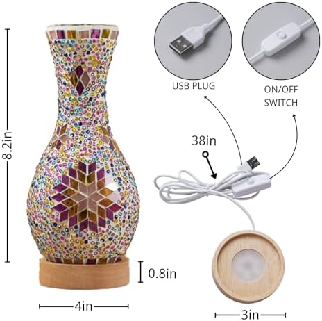 Mosaic Vase Lamp, Turkish Table Lamp with Wood Base, USB LED - Image 2
