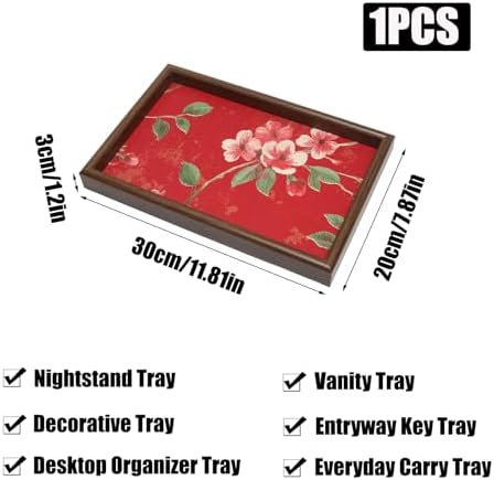 Wooden Valet Tray with Floral Base, Red Vintage Blossoms - Image 2