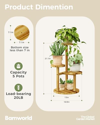 Bamworld Plant Stand Indoor Wood Plant Shelf 3 Tier Brown - Image 2