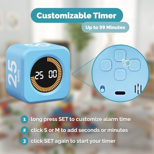 KADAMS Pomodoro Cube Timer Productivity Visual Timer - 5/10/25/50 Min Rotating Countdown (1, Blue) - Image 6