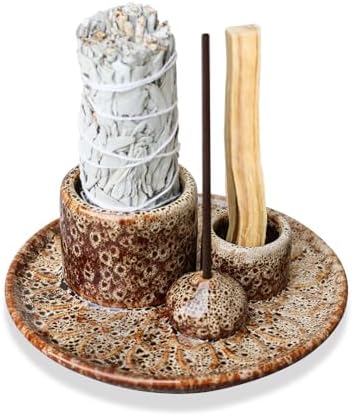 Palo Santo Sticks Holder, Multi-Purpose Handmade Ceramic Incense Burner for Palo Santo Incense Sticks, Sage Holder for Burning, Ash Catcher Tray for Meditation Yoga Room-Brown White by ToolSentryX