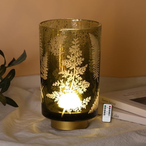 Eywamage Large Battery Operated Glass Table Lamp, Boho Green Ferns Leaves Mood Light with Remote, Cordless Bedside Accent Lamp Room Decor by EywamageCandles