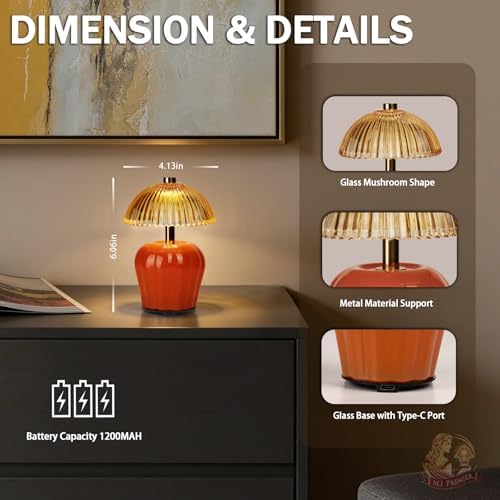 MJ PREMIER Rechargeable Table Lamp, Small Cordless Lamp with Timer, Orange - Image 4