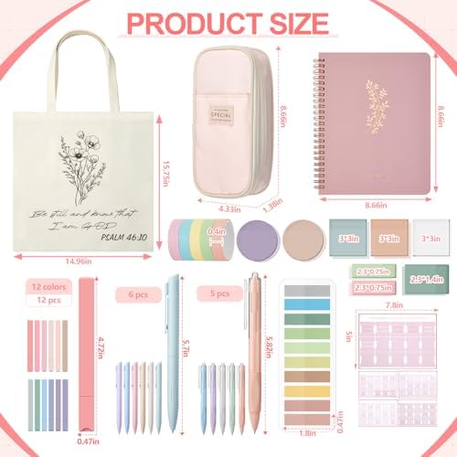 Jutom 110 Pcs Bible Study Supplies Bible Journaling Kit with Canvas Tote Bag Pen Case Notebook Highlighters Pen Sticky Note Tabs Page Markers Stickers Tape for Women Christian Christmas Gift(Pink) - Image 4