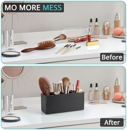 Bivvclaz Pencil Pen Holder for Desk, Wooden Office Desk Organizers and Accessories with 4 Slots for Countertop, Makeup Brush Holder Organizer for Bathroom Vanity, Silverware Caddy for Party, Black - Image 4