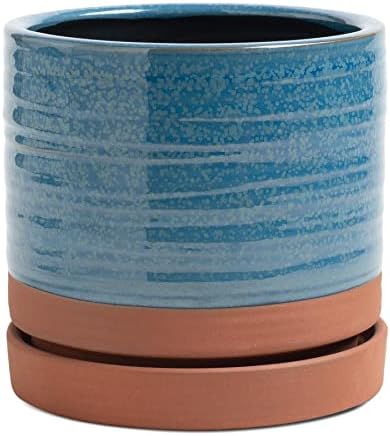 HERDUK 6 Inch Plant Pots, Ceramic Planter Pot with Drainage Hole & Saucer, Indoor/Outdoor Cylinder Round Planter Pot, Aqua Blue & Terracotta Red by Herduk