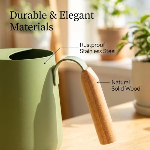 34oz Capacity, Indoor Plants Watering Can with Long Spout, Green Metal with Wood Handle (Green) - Image 4