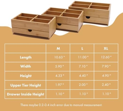 GOBAM Bamboo Makeup Organizer and Storage with Drawer, Wooden Cosmetic Organizer Countertop for Bathroom, Bedroom, Kitchen & Dresser, Desk Organizer with Drawers and Make up Vanity Station - Medium - Image 2
