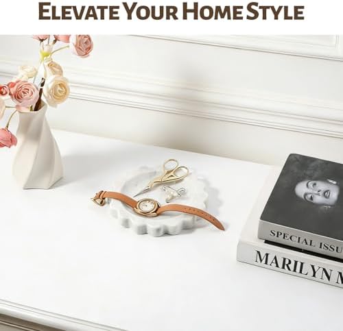 Koville 5.51" Scalloped Marble Tray, Round Stone Jewelry Trinket Dish for Ring, Natural Small Marble Tray for Bathroom Kitchen Dresser Countertop, Decorative Candle Tray(Bianco Carrara) - Image 4