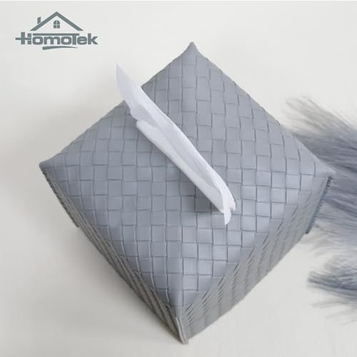 HOMOTEK 2 Pack Tissue Box Cover,PU Leather Tissue Holder,Square Decorative Facial Tissue Cube Paper Organizer Dispenser for Bathroom, Night Stands, Desk, Car 5X5X5'' - Woven Waffle,Light Gray - Image 2