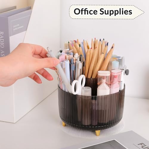 SKYDUE Rotating Pencil Pen Holder, Pen Organizer with 5 Slots - Aesthetic Desk Organizer and Accessories for School, Home, Office Supplies, Clear Black - Image 3