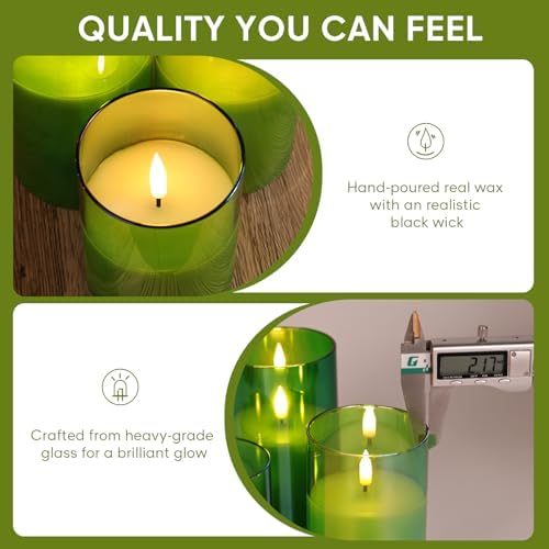 Eywamage Green Glass Flameless Pillar Candles with Remote, Flickering Spring Battery LED Candles Holiday Decor Set of 3 - Image 5