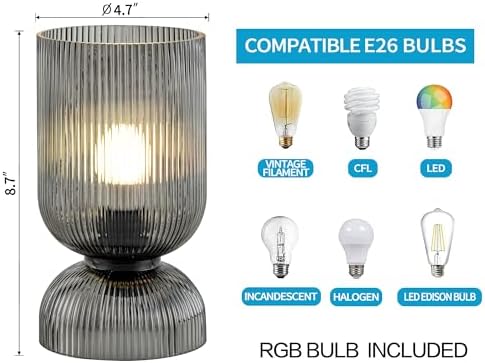 Modern RGB Glass Table Lamp with Remote，Color Changing Bedside Lamp with Ribbed Glass Shade, 16 Colors, On/Off Cord Switch, Nightstand Lamp for Bedroom, Living Room, Office, Bulb Included - Image 6