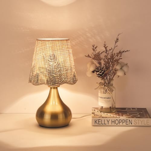 Ziqqeelam Gold Small Bedside Cute Table Lamp for Bedroom, Table Lamps for Nightstand, Scalloped Rattan Shade Table Lamps for Small Spaces for Bedroom, Home Office, Living Room - Image 2