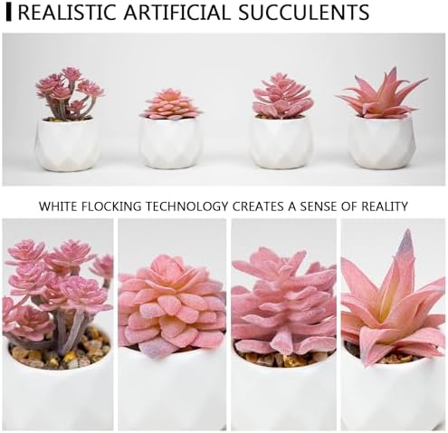VIVERIE Mini Faux Succulents Plants Artificial in Pots-Rose Pink Desk Accessories, Small Fake Succulents Plants for Home Decor Indoor for Women, White Ceramic, Set of 4 - Image 3