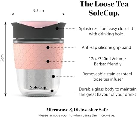 Travel Mug Loose Tea Infuser - Detachable Tea Strainer with Spillproof Lid - BPA-Free Reusable Glass Travel Coffee Cup with Silicone Band (Gray and Pink, 12oz) - Image 2