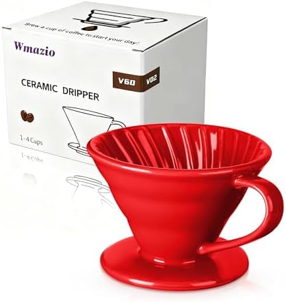 Pour Over Coffee Dripper - Ceramic Pour Over Coffee Maker Cone, Porcelain Coffee Drip, Pour Over Single Cup, Manual Brew Maker for Home, Cafe, Office - 1-4Cup, V60 Size 02 (Red) by Wmazio