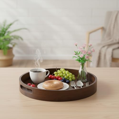 Round Trays Home Decor, 11.8" Large Round Wood Tray for Ottoman Coffee Table Trays, Wooden Kitchen Serving Decorative Trays for Home Office Counter Serveware Organizer, Walnut - Image 4