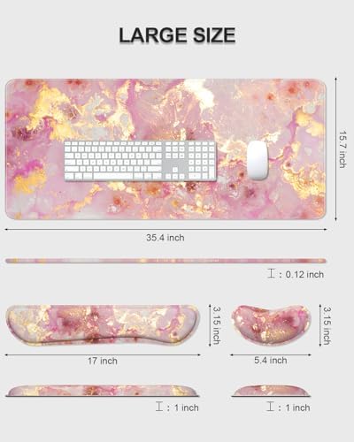 Auhoahsil Large Mouse Pad with Wrist Rests for Keyboard & Mouse, Thick Soft Ergonomic Memory Foam Wrist Supports, Big & Long Desk Mat 35.5 x 15.7 in, for Office Gaming Computer, Pink Gold Marble - Image 7