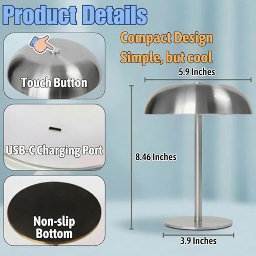 2 Pack Portable LED Mushroom Table Lamp, Metal Cordless Desk Night Light, Stepless Dimming Touch Lamp with 3 Colors for Bedroom Bedside Restaurant Bar, Sliver - Image 2